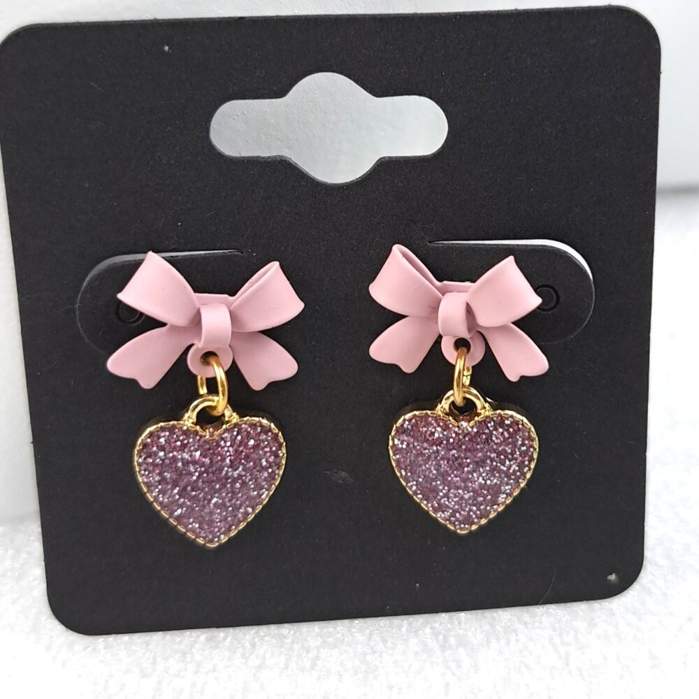 Adorable Sparkly Pink Bow and Glitter Heart Earrings